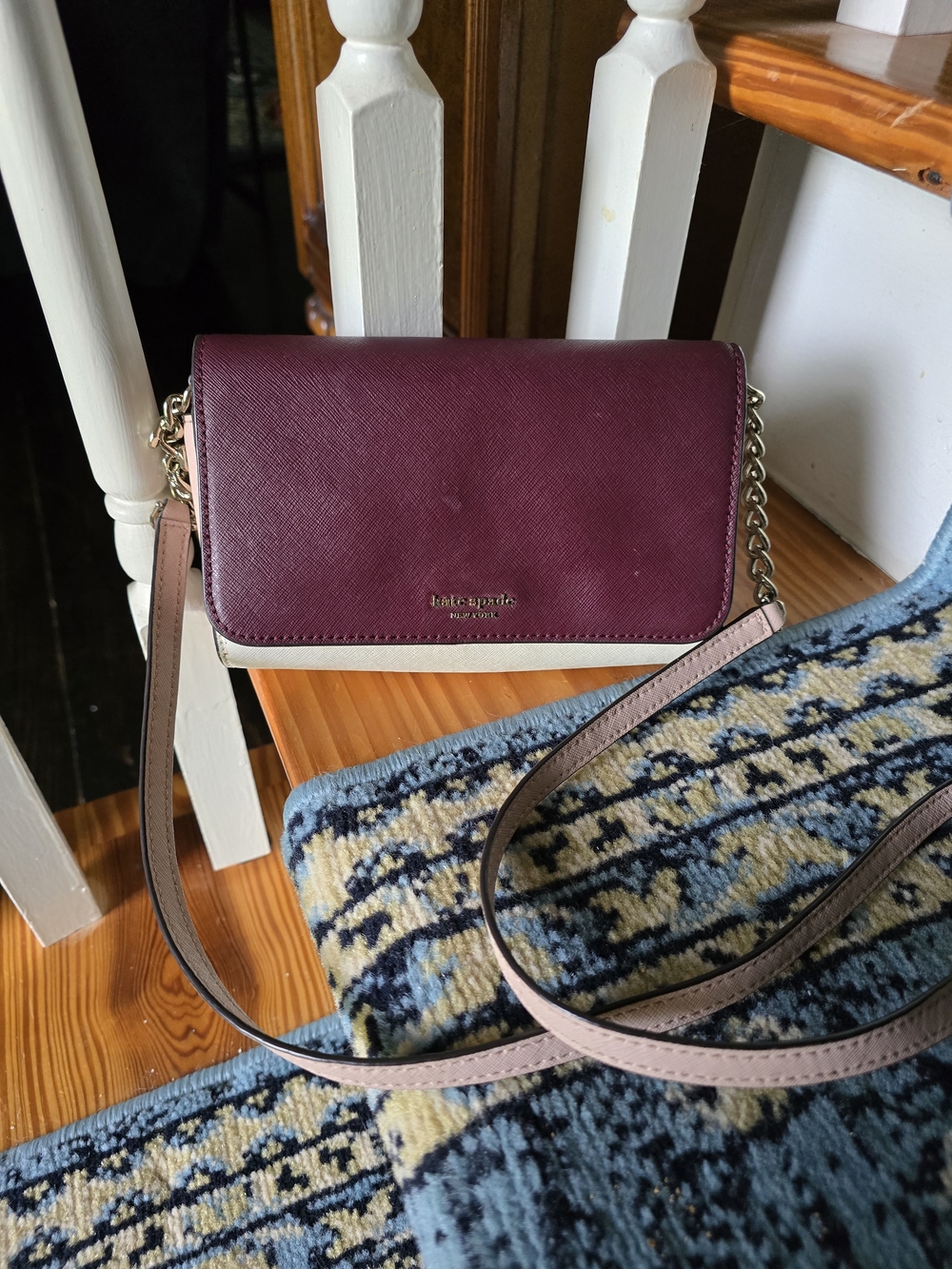 kate spade Burgundy and Cream Crossbody Wallet with Pink Strap